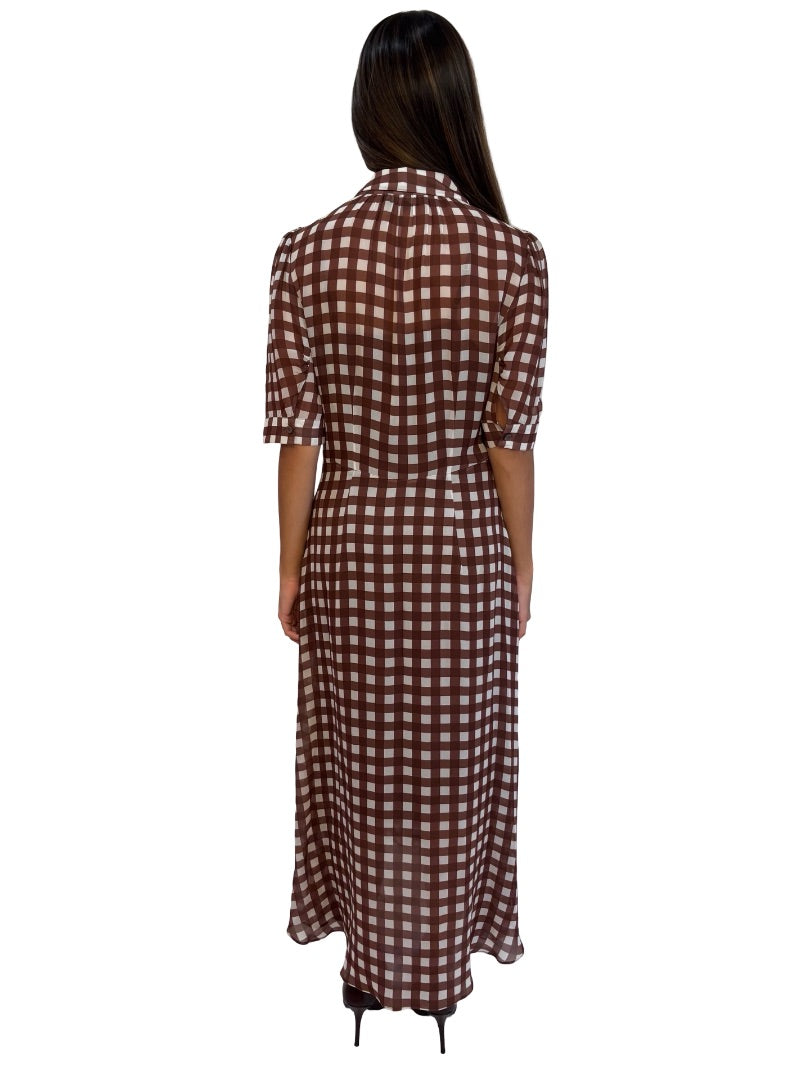Lee Mathews Brown Checkered Sheer Dress W Slip. Size: 00