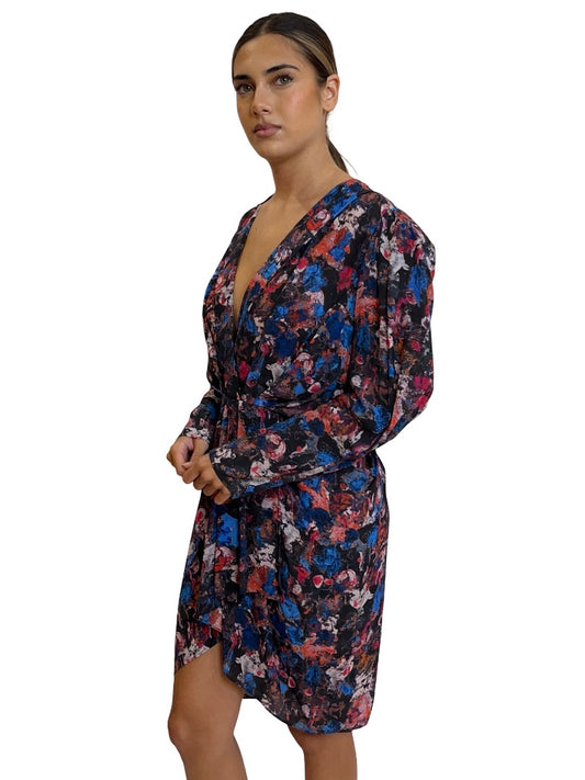 IRO Blue/Pink Floral Gathered Dress. Size: 36