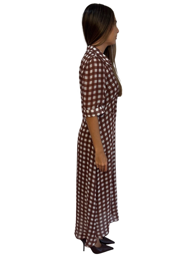 Lee Mathews Brown Checkered Sheer Dress W Slip. Size: 00