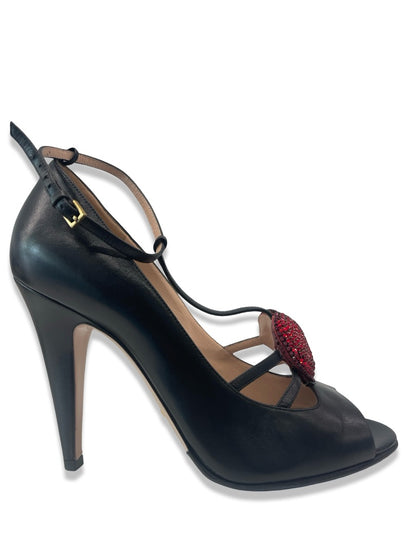 Gucci Black Leather Molina Crystal Heart T-Strap Heels. Size: 40.5