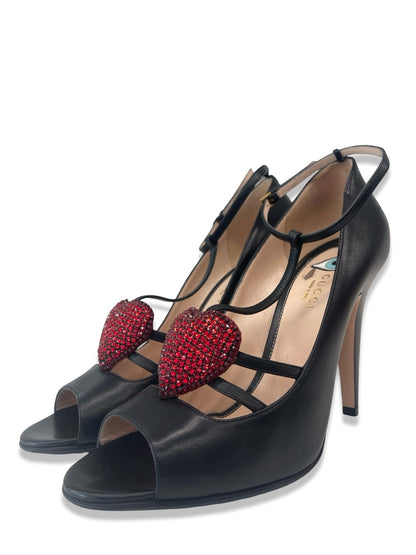 Gucci Black Leather Molina Crystal Heart T-Strap Heels. Size: 40.5