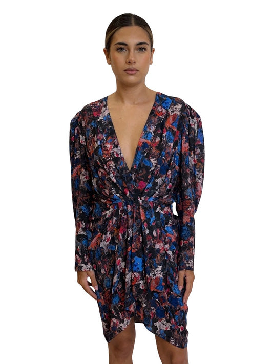 IRO Blue/Pink Floral Gathered Dress. Size: 36