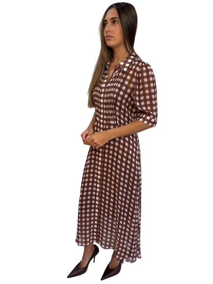 Lee Mathews Brown Checkered Sheer Dress W Slip. Size: 00