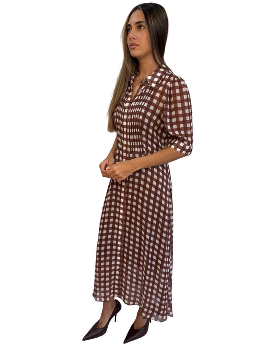 Lee Mathews Brown Checkered Sheer Dress W Slip. Size: 00