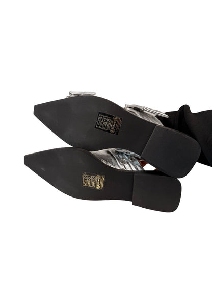 Ganni Silver Metallic Double Buckle Pointed Flats. Size: 37