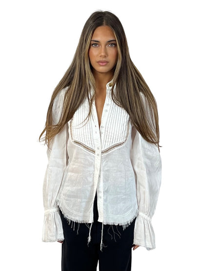 Aje White Fringed Hem Linen Shirt. Size: 6