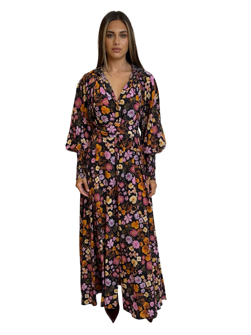 Husk Black / Multi-Colour Silk Floral Print Maxi Dress. Size: S-M