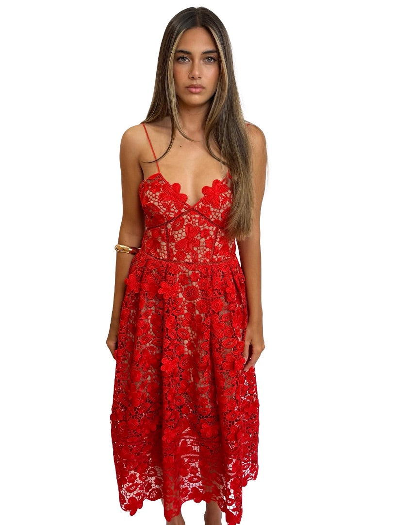 Self Portrait Red Embroidered Floral Applique Dress. Size: 8