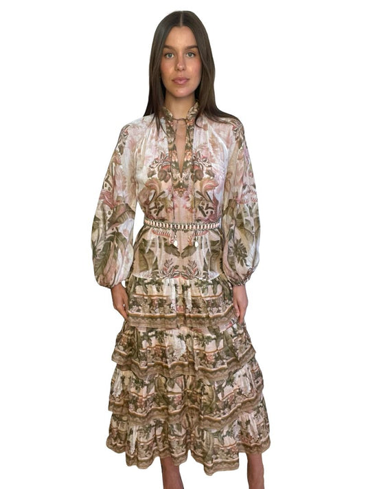 Zimmermann Pink / Multi-Colour Lyre Palm Print Tiered Maxi Dress. Size: 1