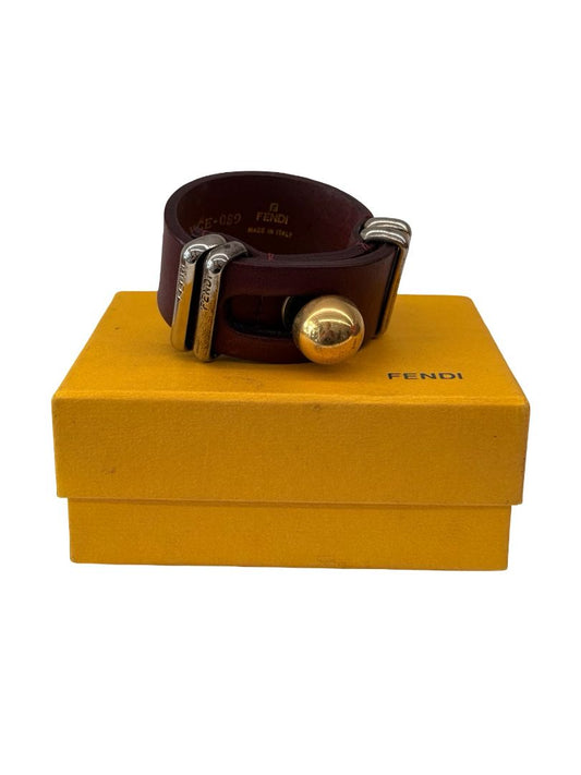 Fendi Burgundy Thick Leather Strap Bracelet.