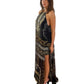 Camilla Black, Gold & Silver Razor Back Flowy Print Dress w/ Rhinestones. Size: M