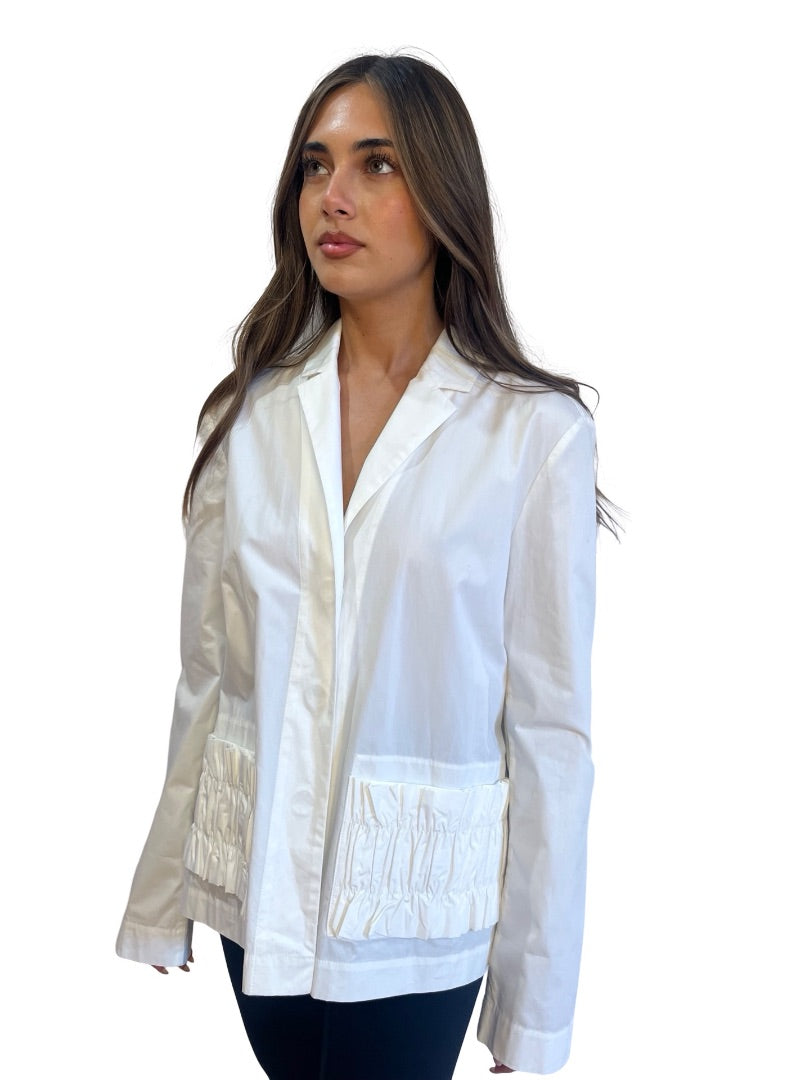 Lee Mathews White Ruffle Pocket Shirt. Size: 3