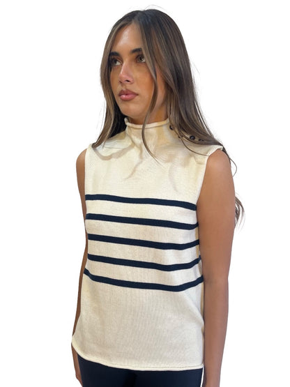 Weekend MaxMara Cream High Neck Sleeveless Knit Top w/ Stripes. Size: M