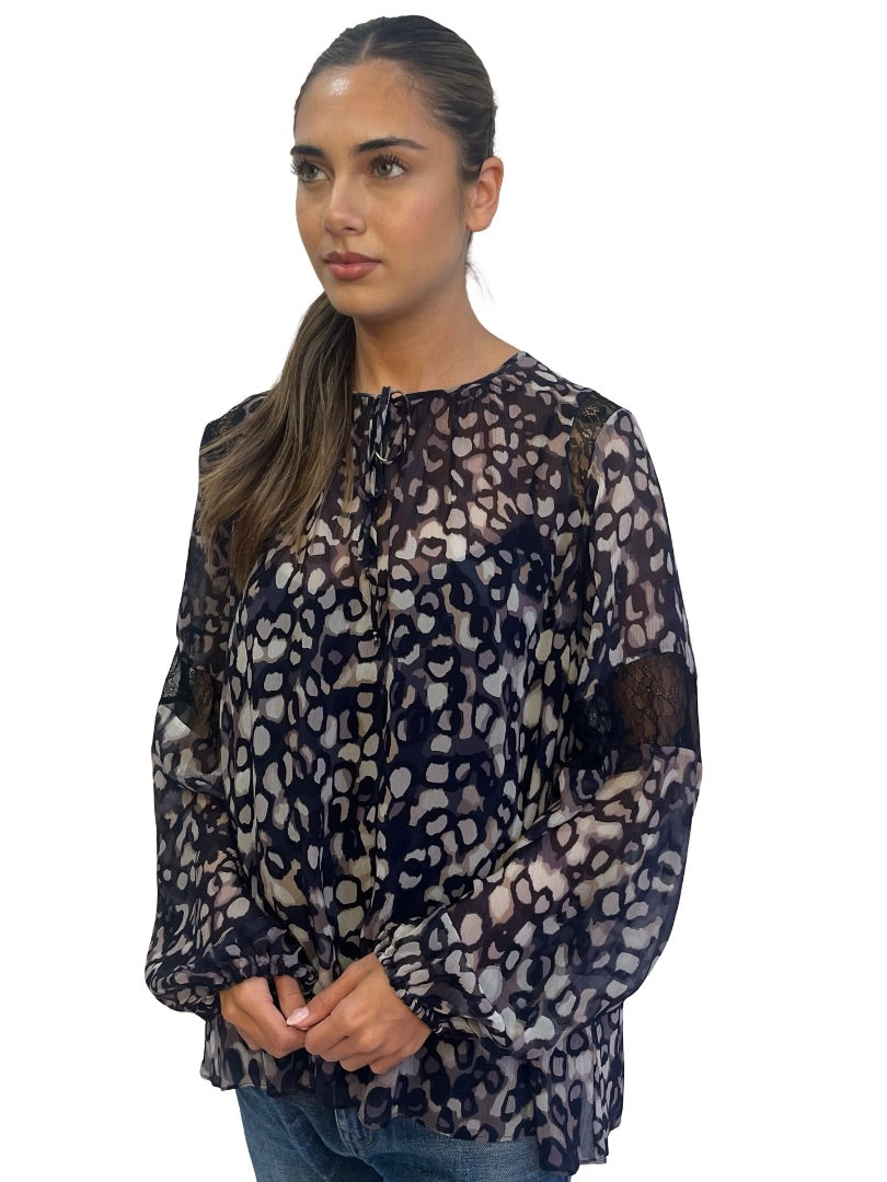 Husk Blue / Neutral Sheer Print Blouse w/ Lace. Size: 12