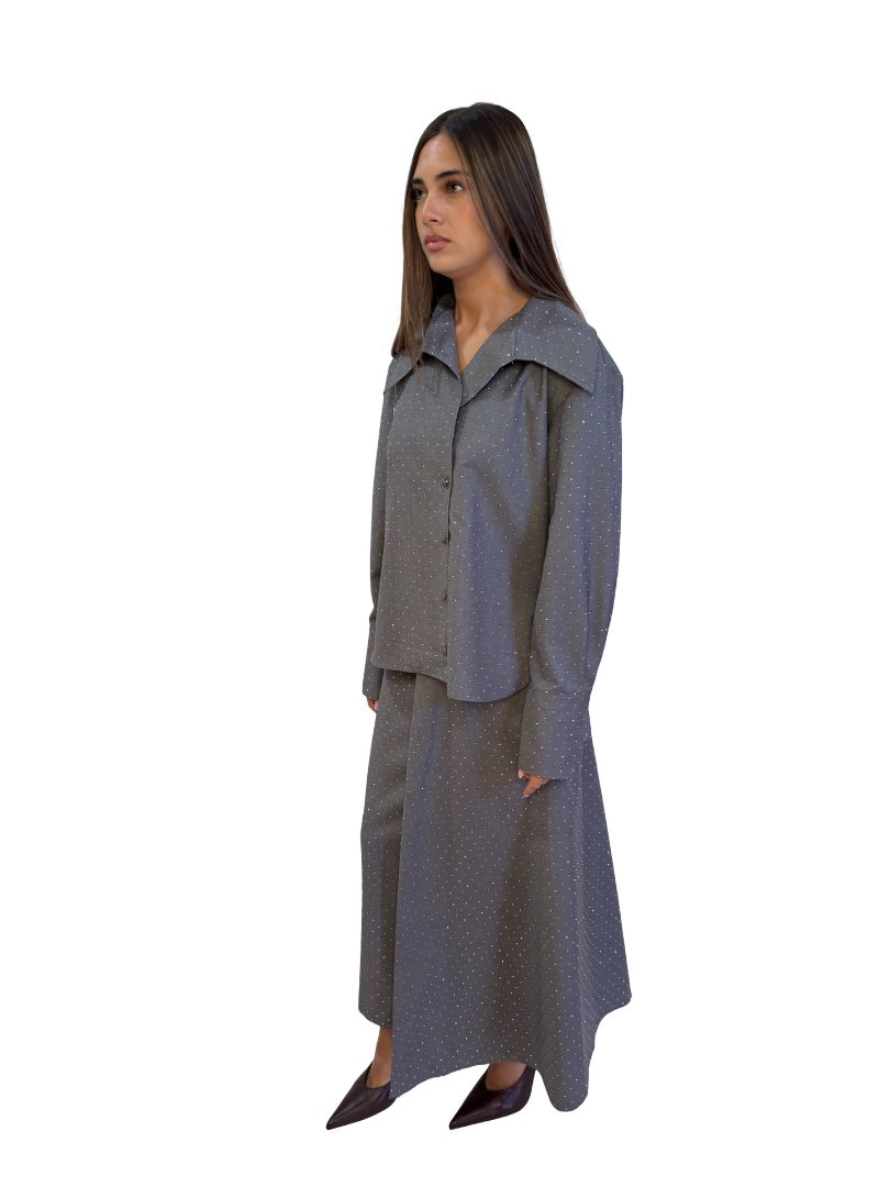 Scanlan Theodore Grey Rhinestone Embellished Shirt & Skirt Set. Size: 6