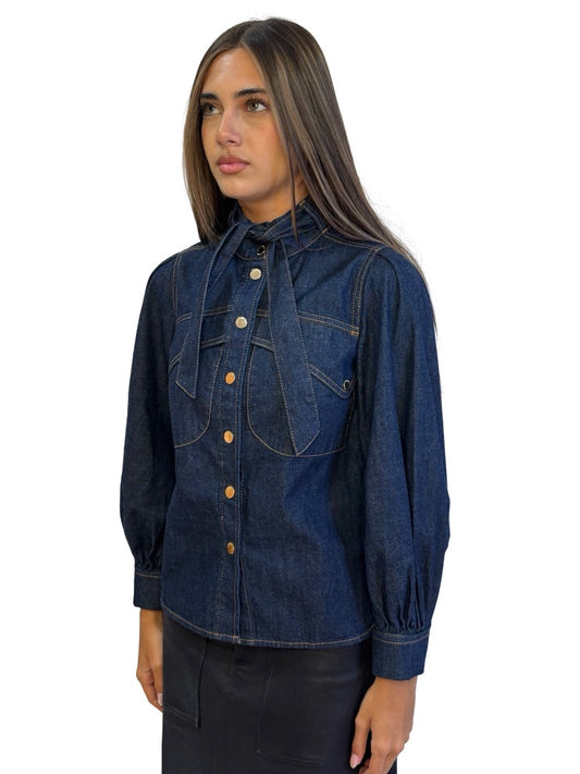 Zimmermann Indigo Neck Tie Denim Shirt. Size: OP