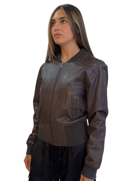 Flannel Brown Leather Cropped Bomber. Size: 2