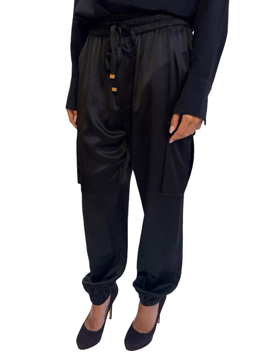 Husk Black Silk Satin Cargo Pants. Size: 10