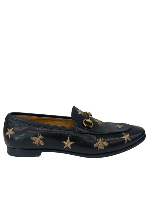 Gucci Black Horsebit Jordaan Emboidered Bee & Star Leather Loafer. Size: 38