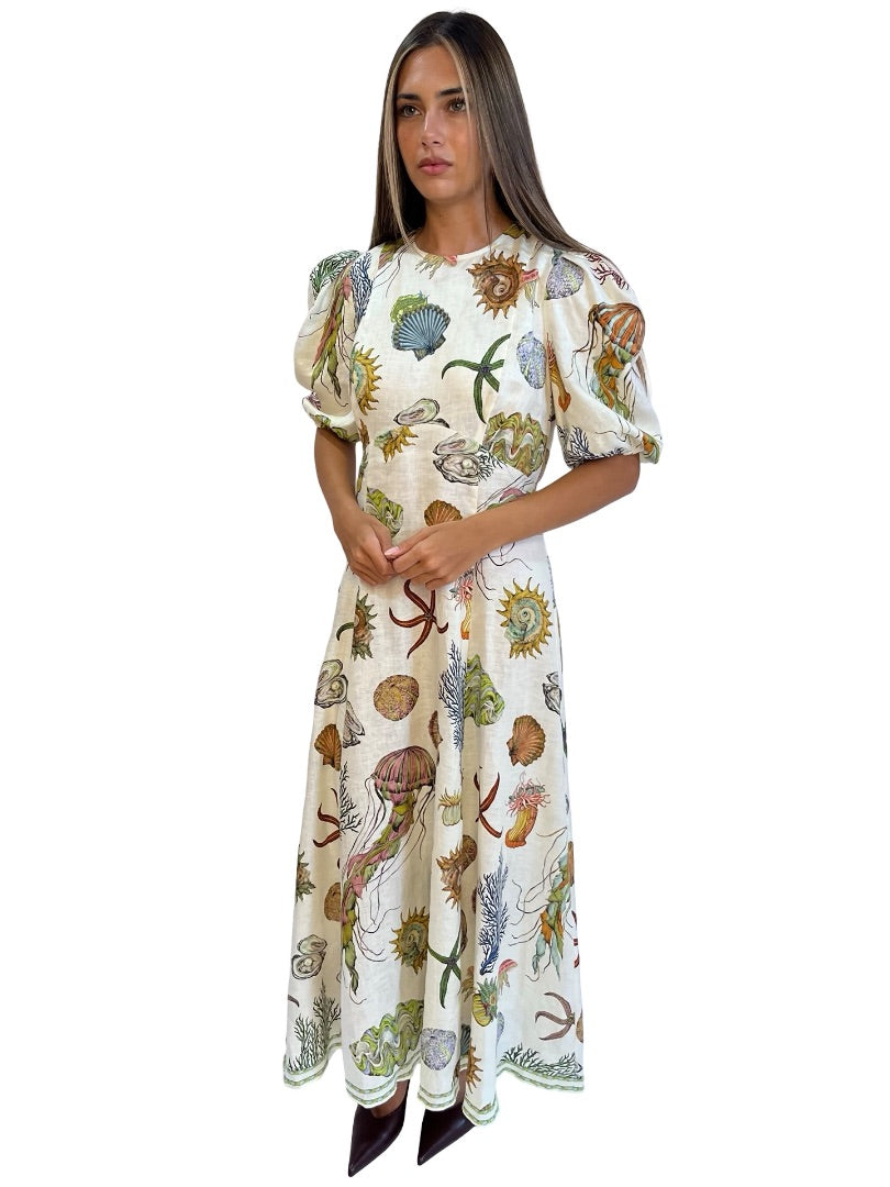 Alemais Cream Sea Print Midi Dress. Size: 10