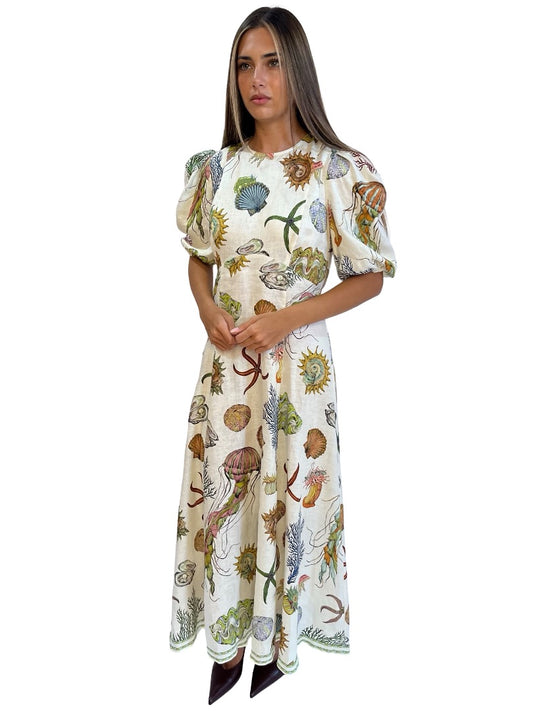 Alemais Cream Sea Print Midi Dress. Size: 10