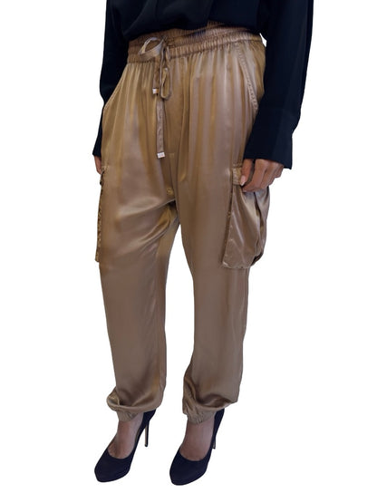 Husk Latte Silk Satin Cargo Pants. Size: 10