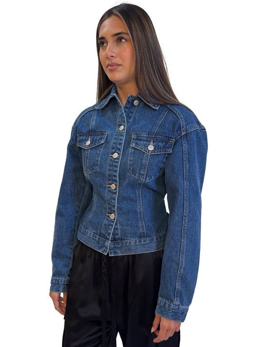 Bayse Denim Blue Cropped Denim Jacket w/ Two Front Pockets. Size: XS