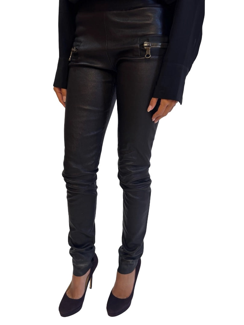Les Chiffoniers Black Leather Leggings w/ Zippers. Size: S