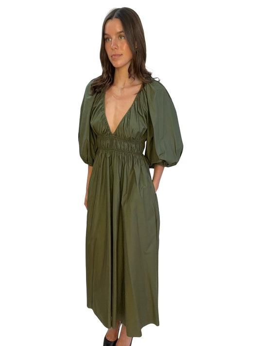 Matteau Olive Green Cotton Puff Sleeve Midi Dress. Size: 1