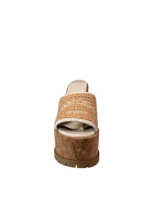 Jimmy Choo Tan Embroidered Raffia Platform Cork Sandals. Size: 38.5