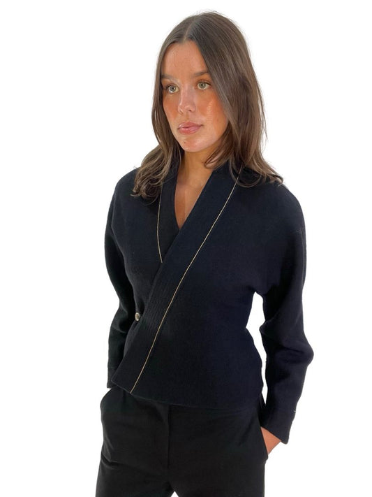 Bassike Black Wool Fitted Wrap Top. Size: 00