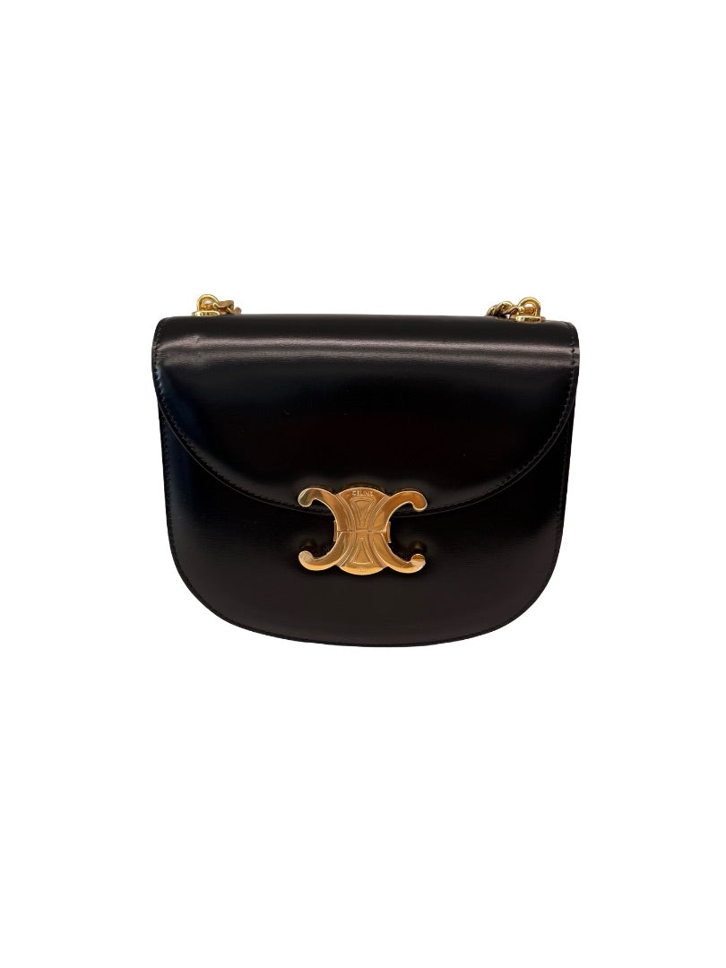 Celine Black Leather 'Clea Besace Triomphe' Flap Bag.