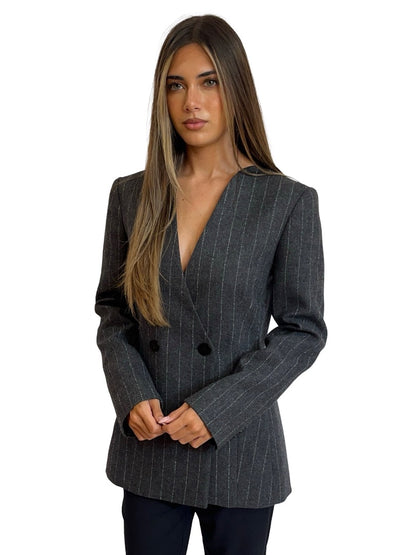 Carla Zampatti Grey Charcoal Italian Wool Pinstripe Blazer. Size: 6