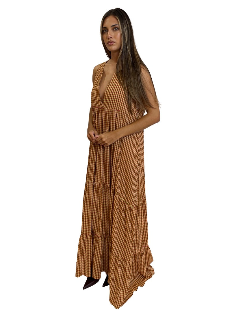 Beatrice Red / Yellow Gingham Sleeveless Tiered Dress. Size: L