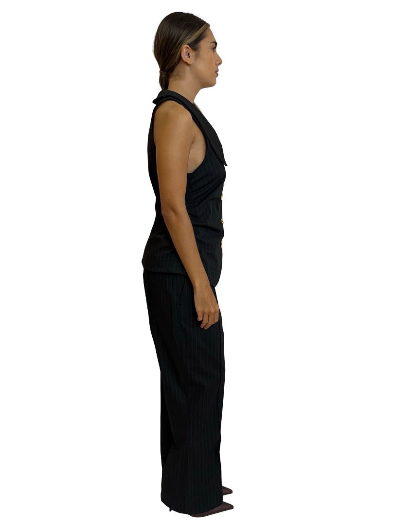 Ganni Black Gathered Vest/Bootcut Pant Pinstripe Set. Size: 38-40