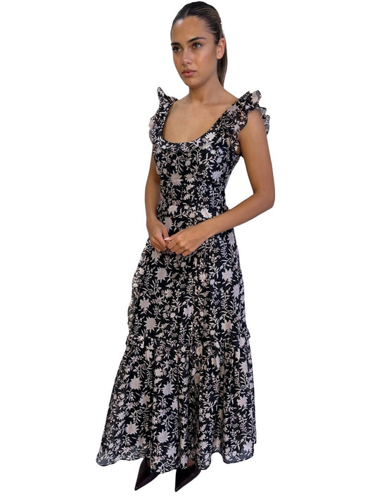 Ulla Johnson Black & Pink Floral Print Freak Sleeve Corset Dress. Size: 4