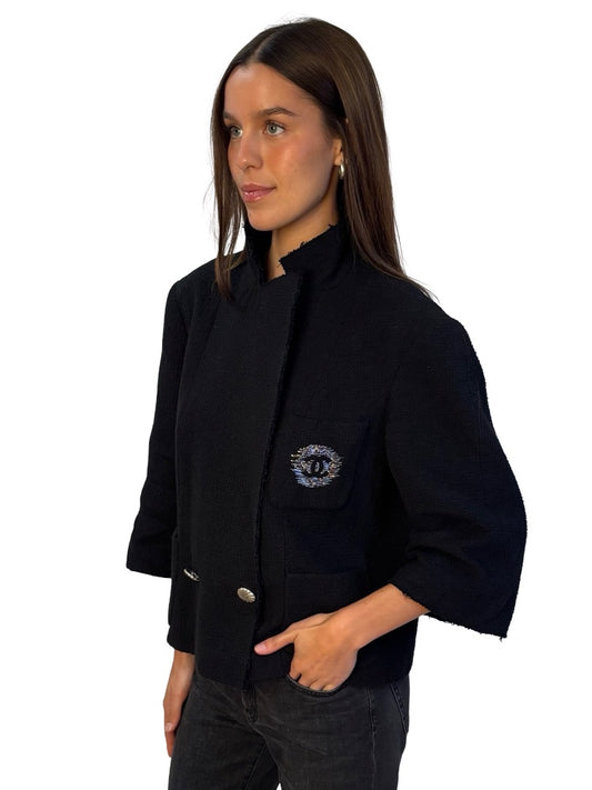Chanel Black Short Sleeve Double Breasted Jacket w/ Silver Emblem. Size: 50