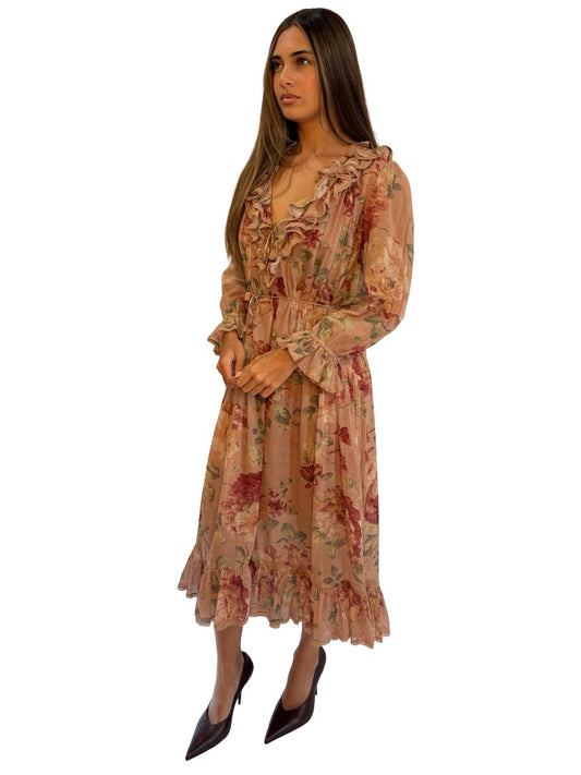 Zimmermann Brown Floral Corsair Ruffle Dress. Size: 0
