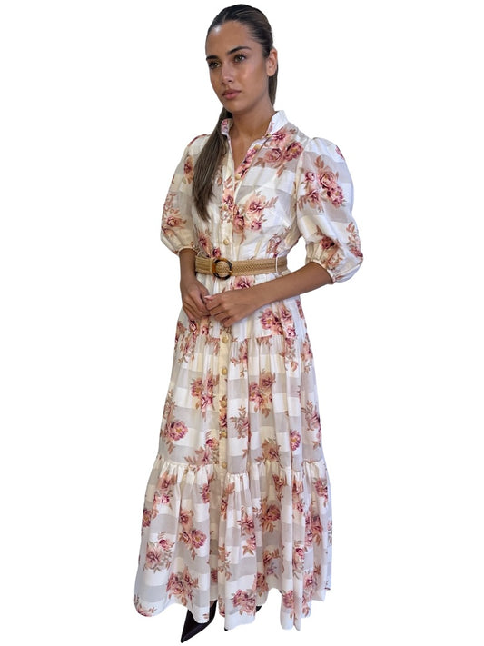 Zimmermann White / Pink Floral Print Dress w/ Sheer Stripe. Size: 1