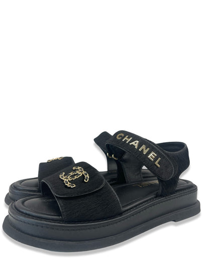 Chanel Black Pony Hair Leather Sandal. Size: 37.5