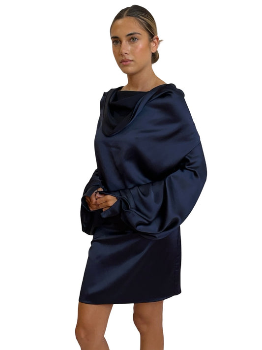 Camilla & Marc Navy Satin Cow Neck Dress. Size: 10