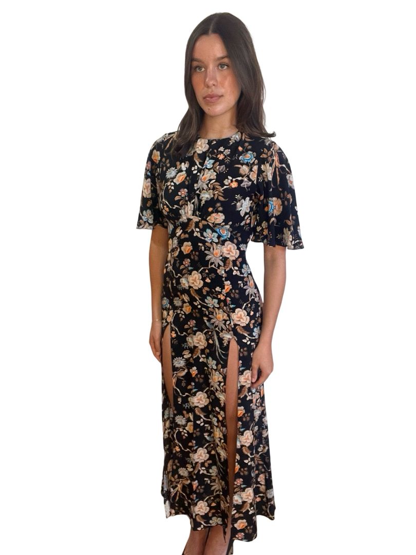Les Reveries Black / Multi-colour Short Sleeve Print Dress w/ Slits. Size: 0