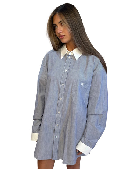 Celine Blue / White Pinstripe Shirt w/ Logo Embroidered Pocket. Size: 44