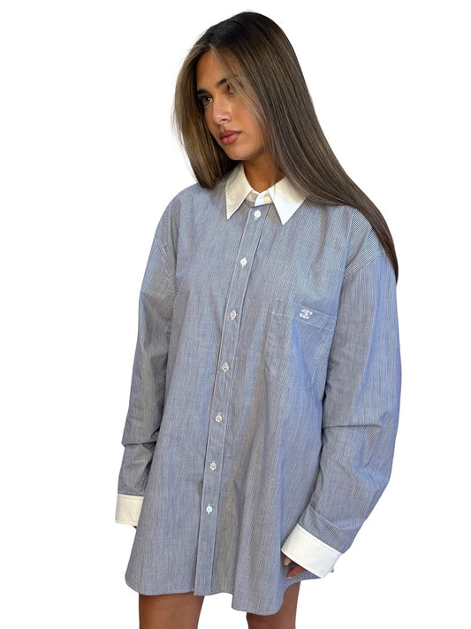Celine Blue / White Pinstripe Shirt w/ Logo Embroidered Pocket. Size: 44