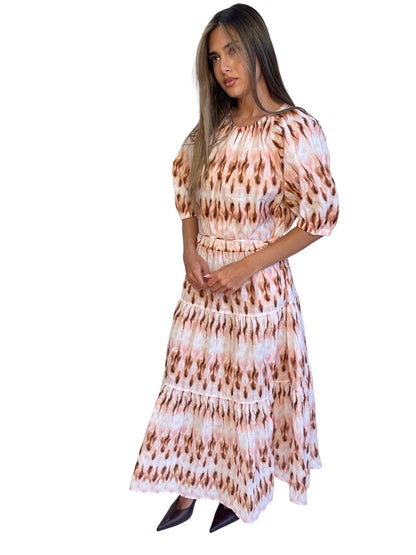 A.L.C. Pink / Brown Puff Sleeve Tiered Print Dress. Size: 14