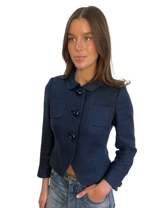 Anna Thomas Navy Linen Buttoned Jacket. Size: 10