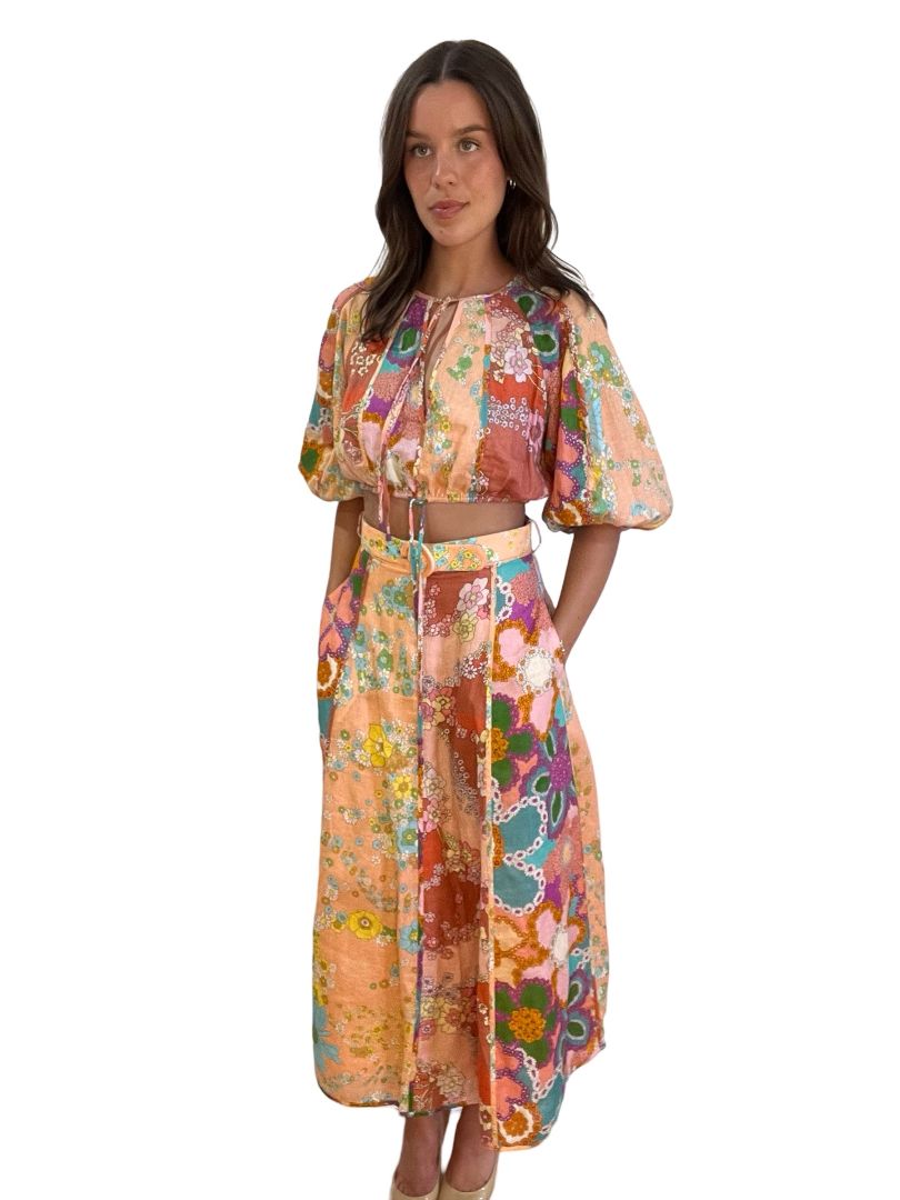 Zimmermann Orange Floral 'Lola' Top/Skirt Set W Belt. Size: 0-1