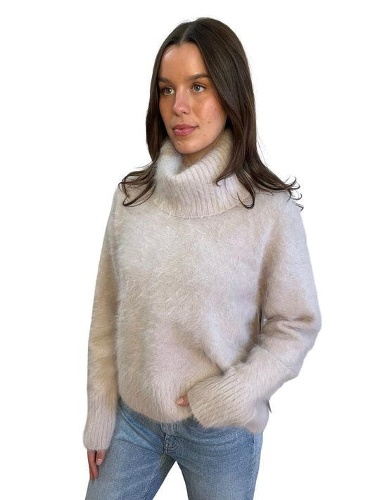 Antalya Sand Roll Neck Angora Sweater. Size: L