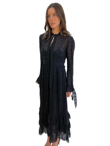 Zimmermann Black Pleated Lace Maxi Dress. Size: 2