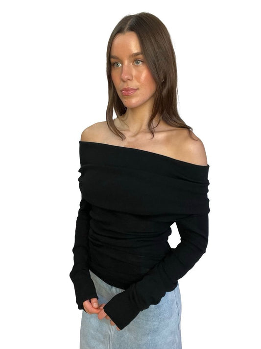 Willow Black 'Cora Merino' Off Shoulder Knit Top. Size: M
